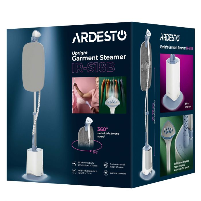 Відпарювач ARDESTO вертикальний IR-S18B, 1800Вт, 1800мл, дошка, нерж. сталь, білий+сірий