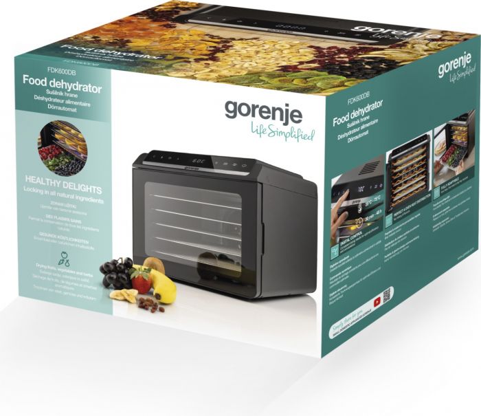 Сушарка для продуктів Gorenje 580Вт, піддонів - 6x1.5см, діаметр - 25см, макс - 75°С, дисплей, пластик+метал, чорний