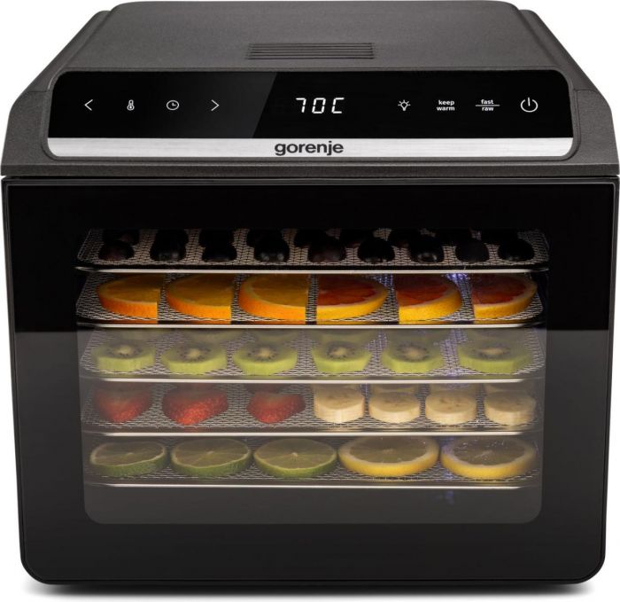 Сушарка для продуктів Gorenje 580Вт, піддонів - 6x1.5см, діаметр - 25см, макс - 75°С, дисплей, пластик+метал, чорний