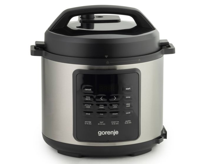Мультиварка-скороварка Gorenje, 1000Вт, чаша-6л, електронне керув., 8 програм, метал/пластик, чорний-нерж
