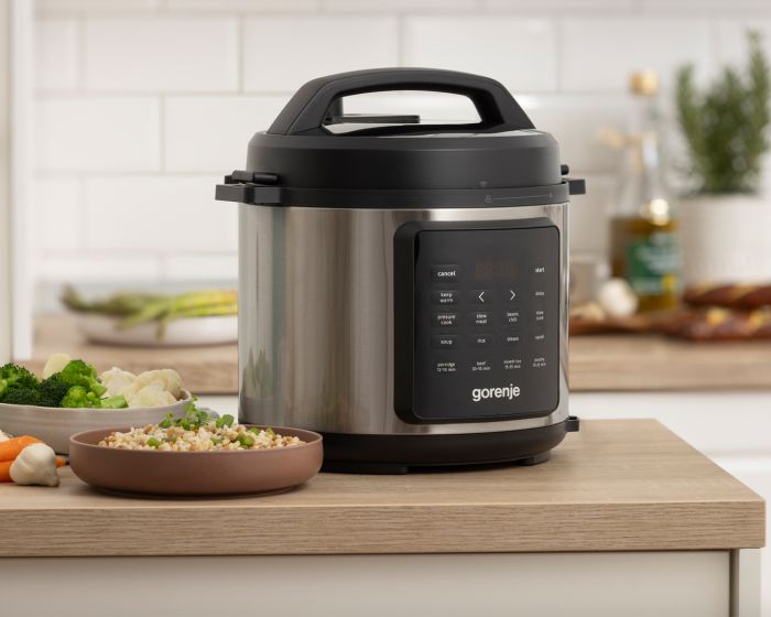 Мультиварка-скороварка Gorenje, 1000Вт, чаша-6л, електронне керув., 8 програм, метал/пластик, чорний-нерж