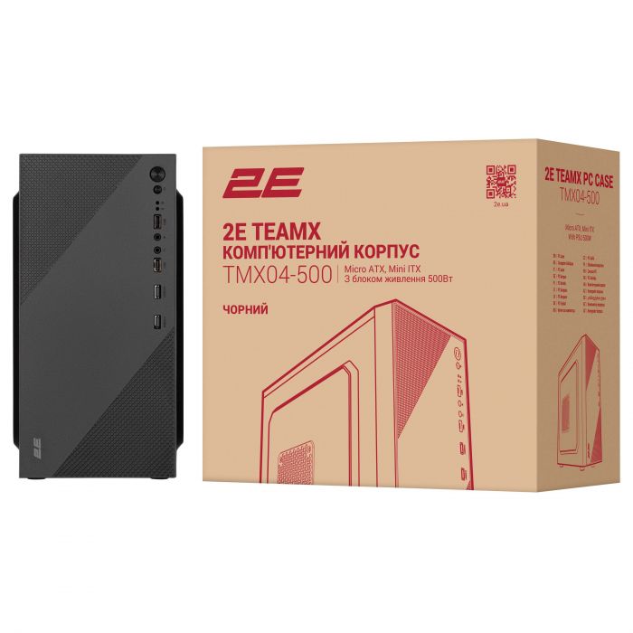 Корпус 2E TeamX TMX04 з БЖ 2E ATX500W, 2xUSB3.0, 1x80мм, VGA 220мм, mATX, чорний