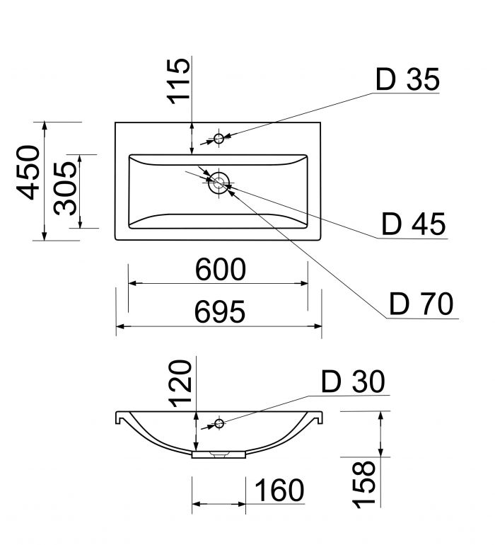 Раковина, умивальник Adamant CERS, штучний камінь, прямокут., з отвором для змішувача, з отвором для переливу, 695x450x158мм, накладний, білий