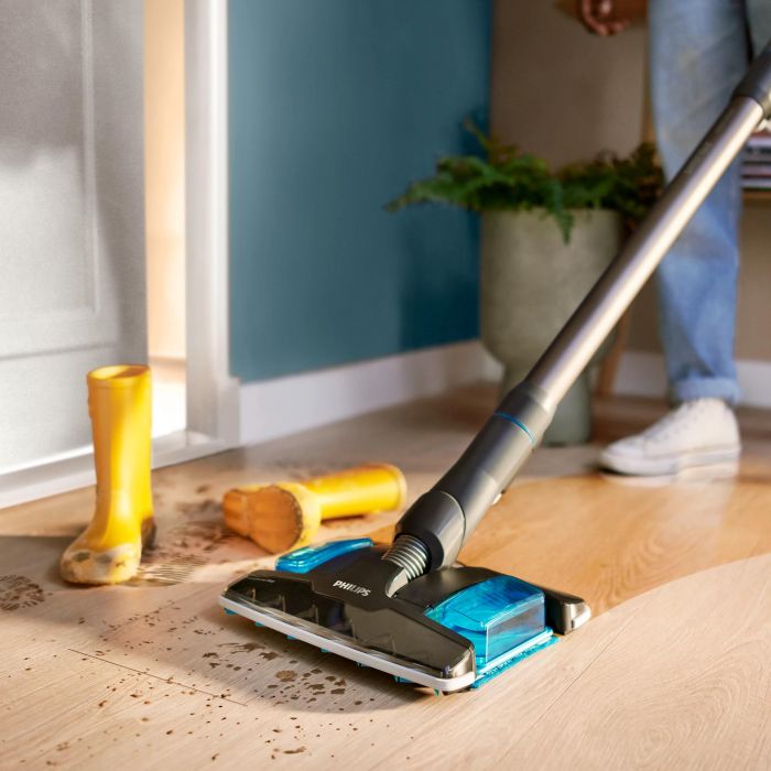 Пилосос Philips безпровідний Complete Series 8000, вологе прибирання, конт пил -0.6л, автон. робота до 80хв, чорно-блакитний