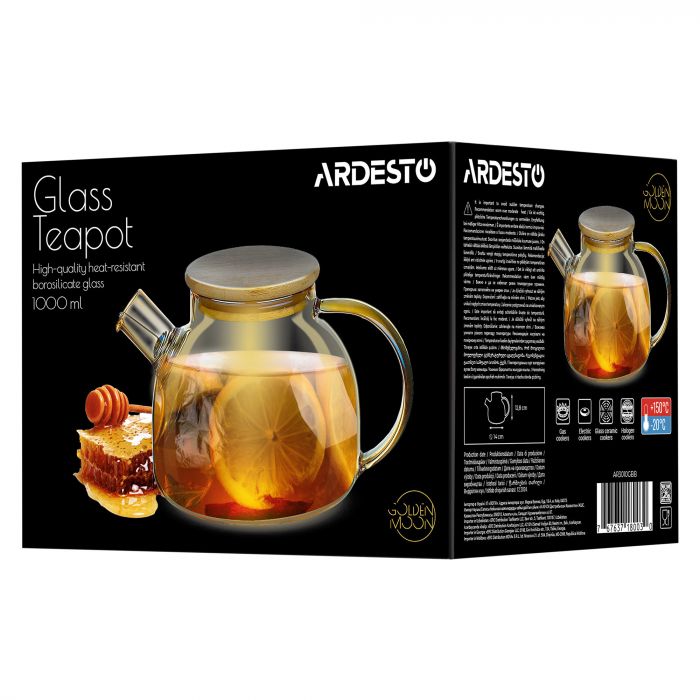 Заварник ARDESTO Golden Moon 1000мл, боросилікатне скло, бамбук, золотистий