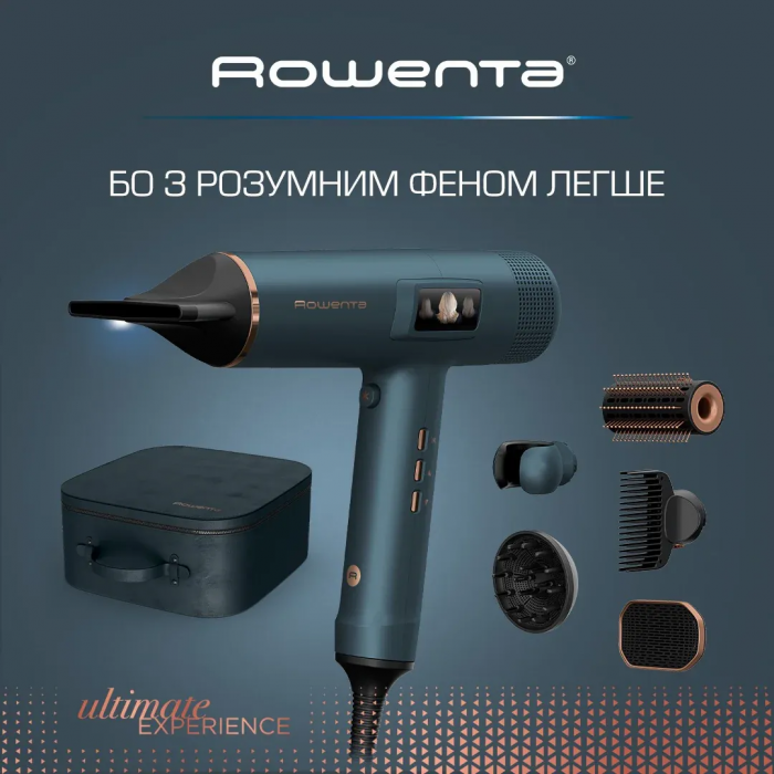 Фен Rowenta Maestria For you, 1800Вт, 3 режими, дифузор, іоніз-я, хол. обдув, дисплей, синій