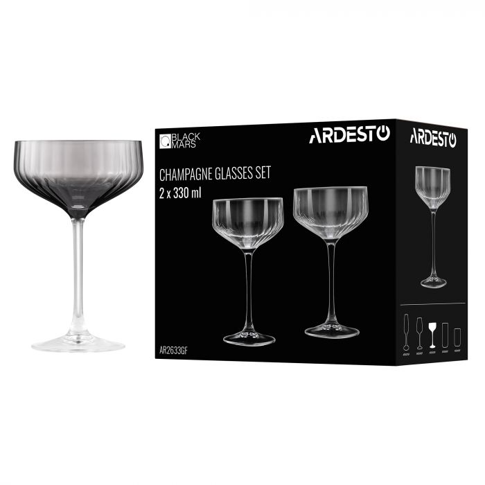 Набір келихів для шампанського ARDESTO Black Mars Alcor 330мл, 2шт, скло, сірий