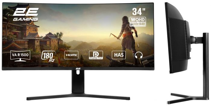 Монітор 2E GAMING 34" G3424B 2xHDMI, DP, VA, 3440x1440, 180Hz, 1ms, NTSC 85%, CURVED, FreeSync, HAS