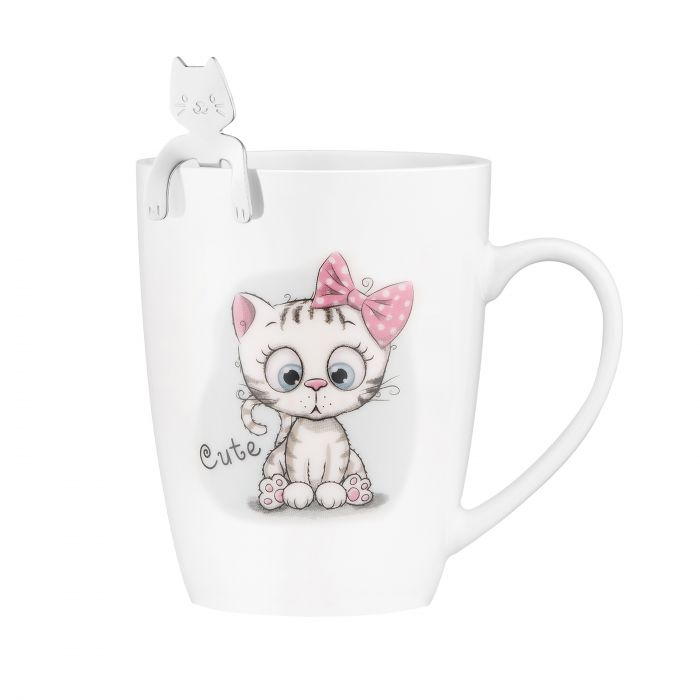 Чашка з ложкою ARDESTO Cute, 320мл, порцеляна, нержавіюча сталь, білий