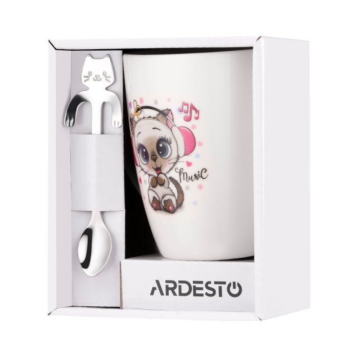Чашка з ложкою ARDESTO Music, 320мл, порцеляна, нержавіюча сталь, білий