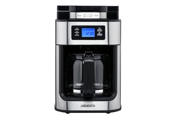 Кавоварка ARDESTO крапельна Steel Collection 1.2л, зерно + мелена, дисплей, сріблясто-чорний