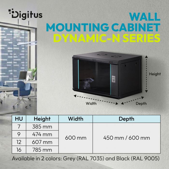 Шафа DIGITUS 19", 9U, Wall Mounting Dynamic-N, 600x600 мм, 60кг максимально, розібрана, чорна