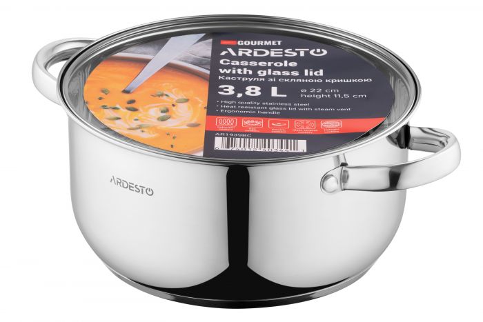 Каструля зі скляною кришкою Ardesto Gemini Gourmet Aosta, 3.8л, нержавіюча сталь