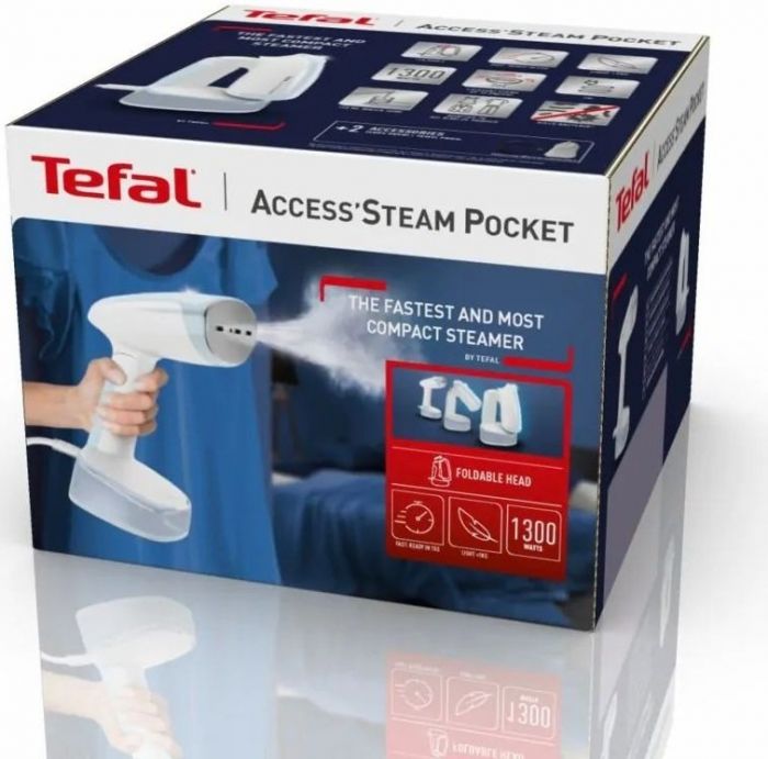 Відпарювач Tefal компактний Access Steam Pocket, 1300Вт, постійна пара - 20гр, біло-блакитний