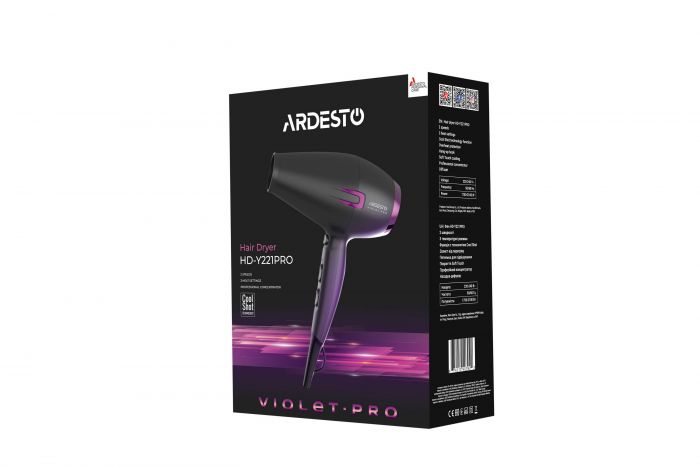 Фен ARDESTO Violet PRO HD-Y221PRO ,1750-2100Вт, 2 швидкості, 3 темп.режими, дифузор, чорний