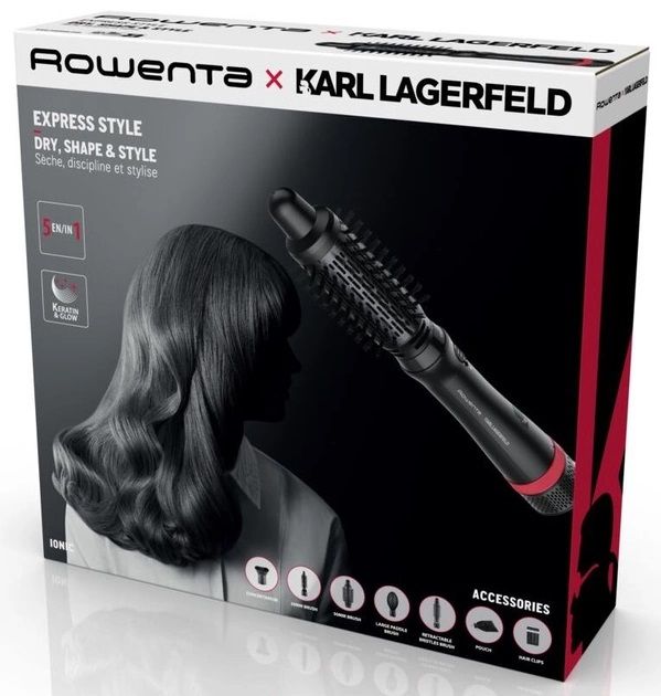 Фен-щітка Rowenta x Karl Lagerfeld Express Style, 800Вт, 3 режими, іоніз-я, чохол, чорний