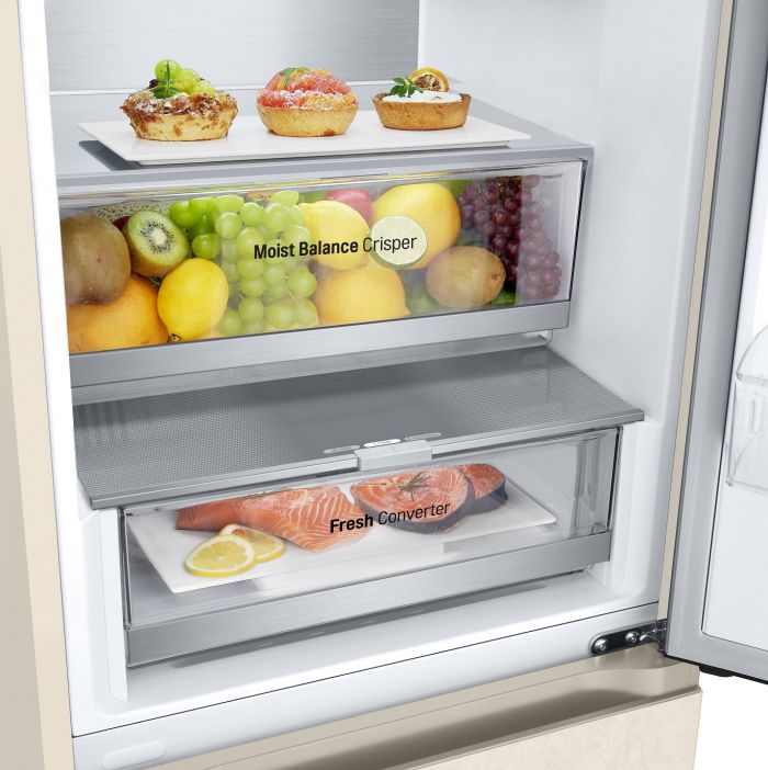 Холодильник LG з нижн. мороз., 203x60х68, холод.відд.-277л, мороз.відд.-110л, 2дв., E, NF, інв., диспл зовн., Fresh Сonverter, Metal Fresh, бежевий