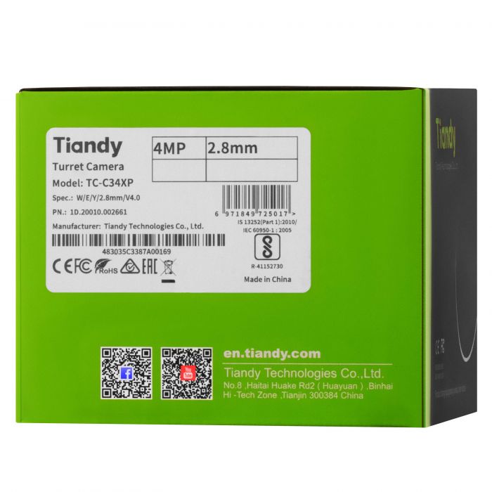 Камера IP Tiandy TC-C34XP Spec:W/E/Y/2.8mm/V4.0, 4MP, Color Maker Turret, 2.8mm, f/1.0, LED15m, DC12V, PoE, IP67