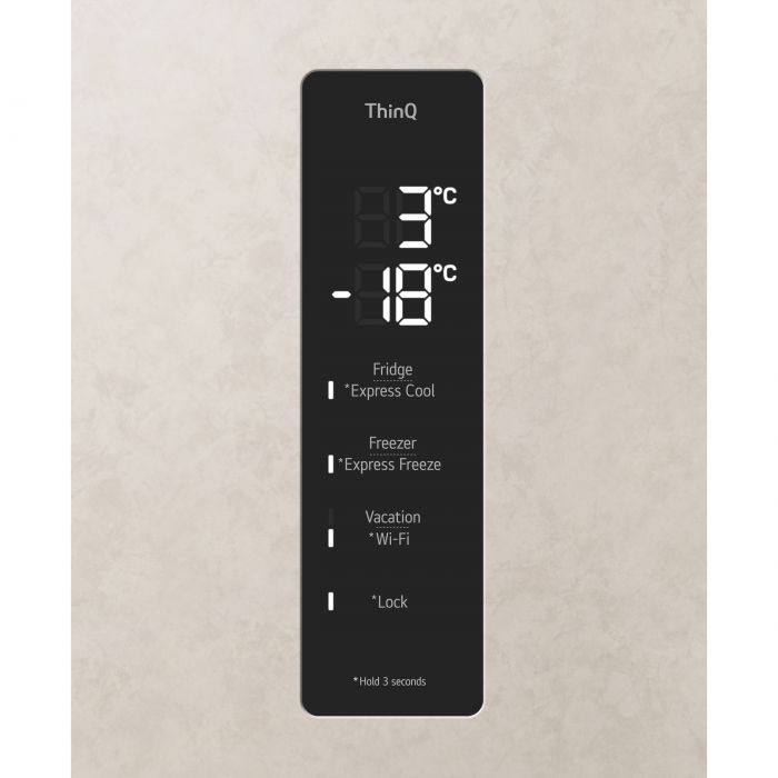 Холодильник LG з нижн. мороз., 203x60х68, холод.відд.-277л, мороз.відд.-110л, 2дв., E, NF, інв., диспл зовн., Fresh Сonverter, Metal Fresh, бежевий