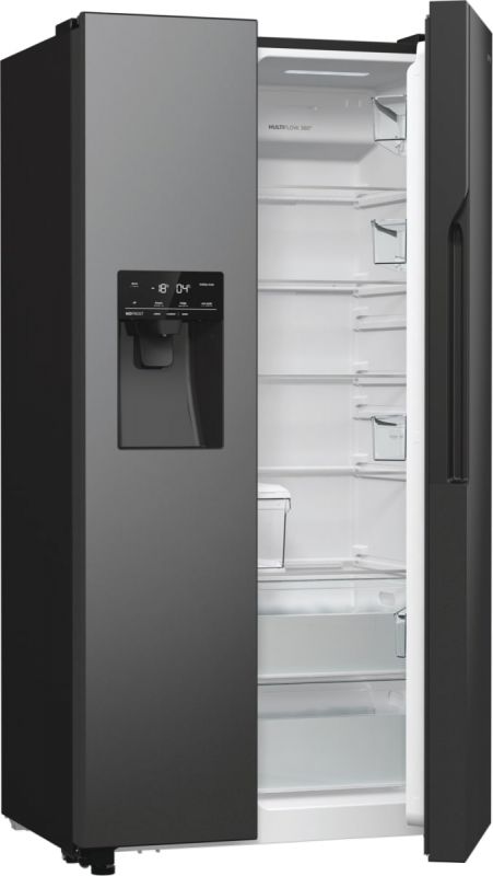 Холодильник SBS Gorenje, 179х70х92см, 2 двері, 376(190)л, А++, NF+, Інв., Зона св-ті, диспенсер, генератор льоду, Зовн. Диспл, чорний