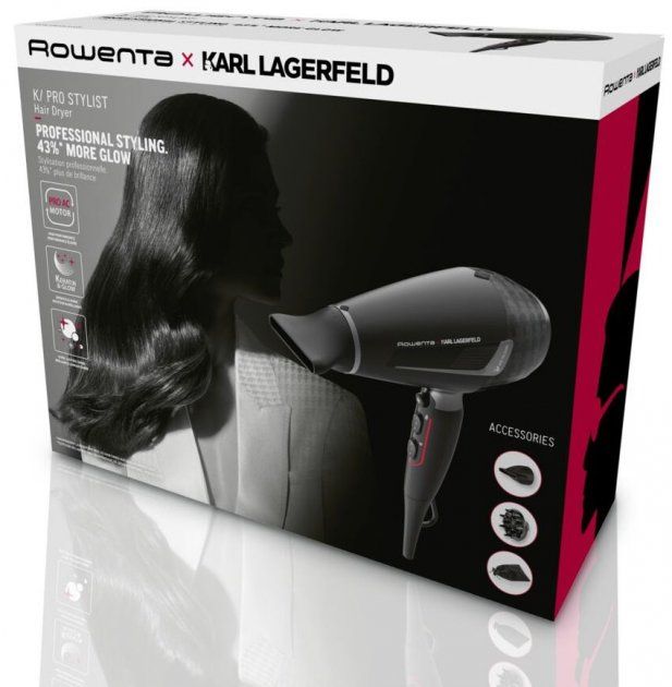 Фен Rowenta x Karl Lagerfeld K/Pro Stylist, 2200Вт, 3 режими, іоніз-я, дифузор, 2 концентратора, хол. обдув, чорний