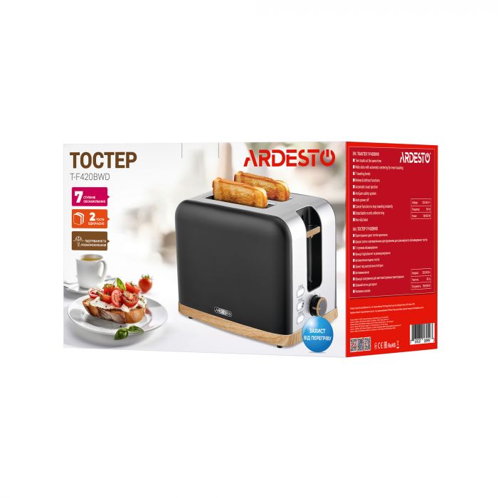 Тостер Ardesto T-F420BWD, 800Вт, метал, 2 слоти, чорний