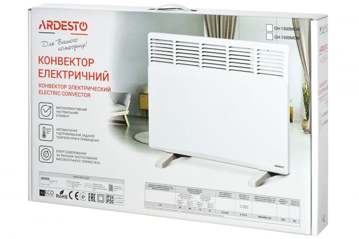 Конвектор ARDESTO, 15м2, 1500Вт, мех. упр-ння, закр. нагрів. елемент, IP24, білий