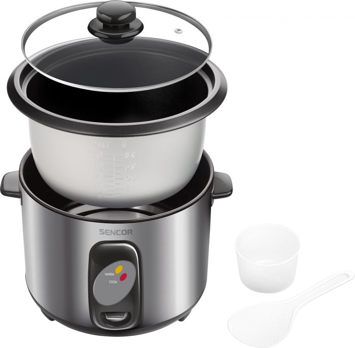 Рисоварка Sencor, 500Вт, чаша-1,5л, електр. керування , знімна кришка, нерж. сталь, сірий