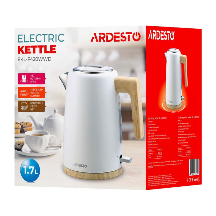 Електрочайник Ardesto EKL-F420WWD, 1.7л, метал, мат, Strix, білий