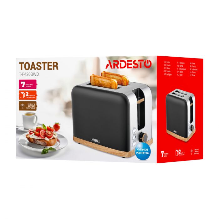 Тостер Ardesto T-F420BWD, 800Вт, метал, 2 слоти, чорний