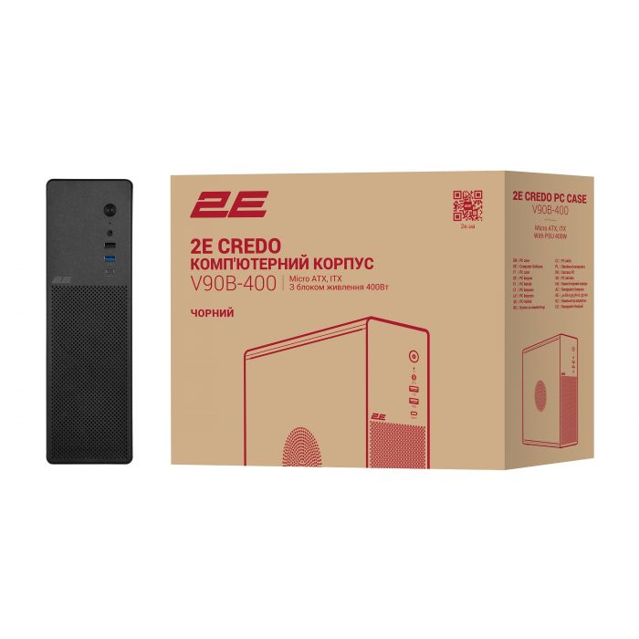 Корпус 2E Credo Slim V90B-400 з БЖ 2E TFX400, 1xUSB3.0, 1х USB 2.0, 1xUSB Type-C, 2x90мм, VGA 220мм, mATX, чорний