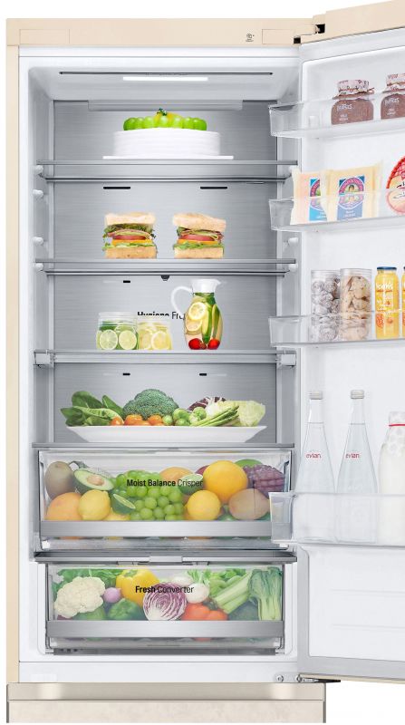 Холодильник LG з нижн. мороз., 203x60х68, холод.відд.-277л, мороз.відд.-110л, 2дв., E, NF, інв., диспл зовн., Fresh Сonverter, Metal Fresh, бежевий