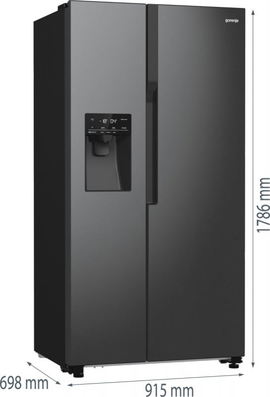Холодильник SBS Gorenje, 179х70х92см, 2 двері, 376(190)л, А++, NF+, Інв., Зона св-ті, диспенсер, генератор льоду, Зовн. Диспл, чорний
