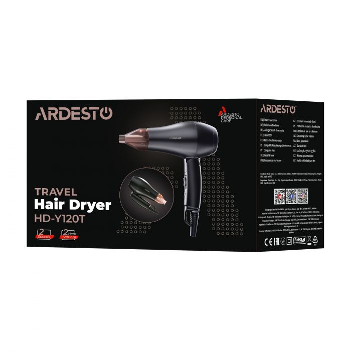 Фен Ardesto HD-Y120T, дорожній, 1200Вт, складна ручка, 2 швидкості, 2 темп. режими, чорний