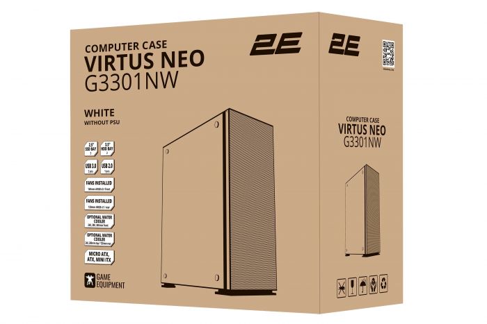 Корпус 2E GAMING Virtus Neo G3301NW без БЖ 2xUSB3.0, 1xUSB2.0, 3x140мм ARGB, 1x120мм ARGB, VGA 340мм, LCS ready, контролер з пультом, TG Side Panel, ATX, білий