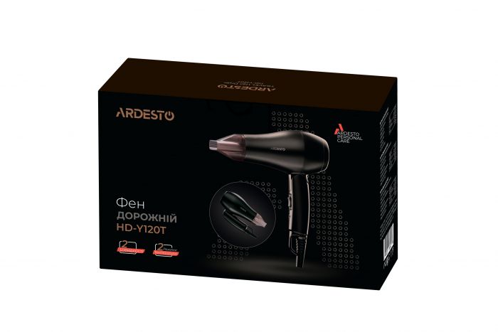 Фен Ardesto HD-Y120T, дорожній, 1200Вт, складна ручка, 2 швидкості, 2 темп. режими, чорний