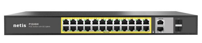 Комутатор Netis P124GH 24xFE PoE, 4xGE (2xUplink, 2xSFP), 360Вт, Некерований