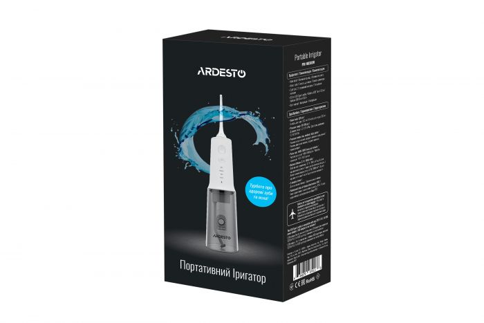 Іригатор Ardesto портативний, чаша 320 мл, Li-ion акум. в компл., 2 насадки, білий