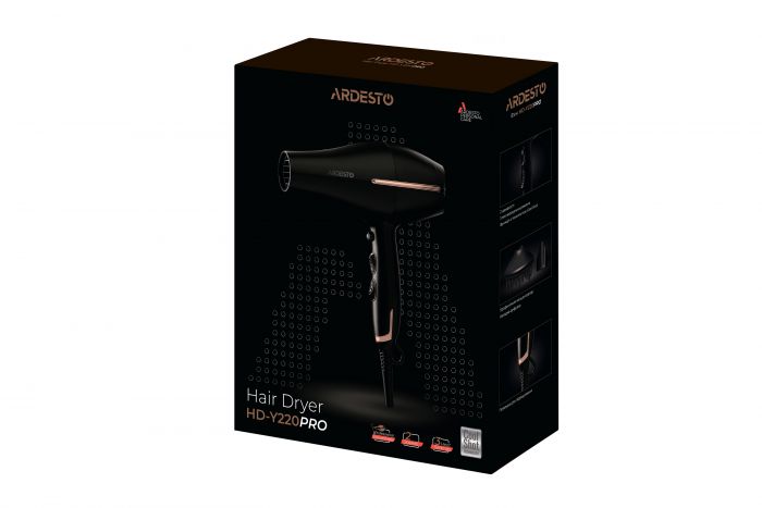 Фен Ardesto  HD-Y220PRO, 1850-2200Вт, 2 швидкості, 3 темп.режими, дифузор,чорний+золото