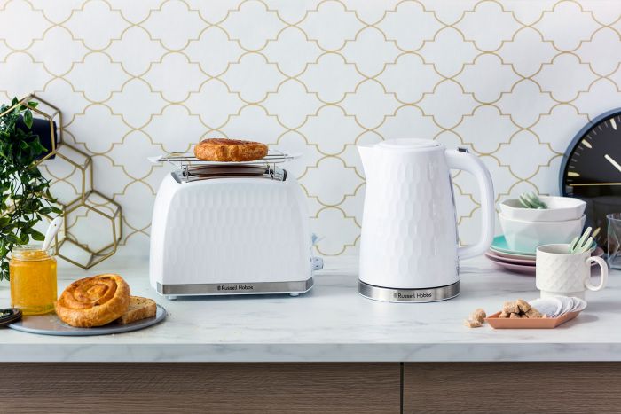 Тостер Russell Hobbs Honeycomb 850Вт, широкі слоти, пластик, білий