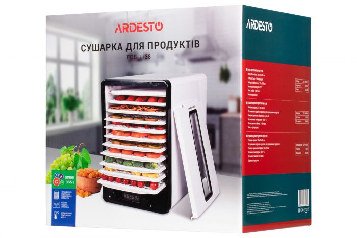 Сушарка для продуктів Ardesto 550Вт, піддонів - 10+1x3см, макс - 70°С, сітка для ягід, пластик, білий