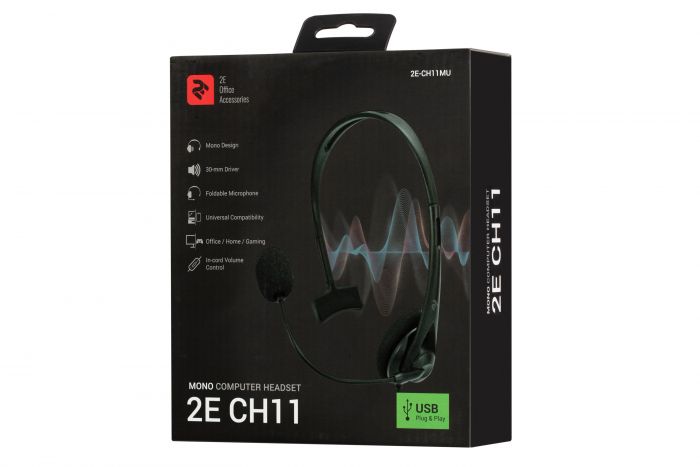 Гарнітура ПК моно On-ear 2E CH11 USB, omni-mic, 2м, чорний