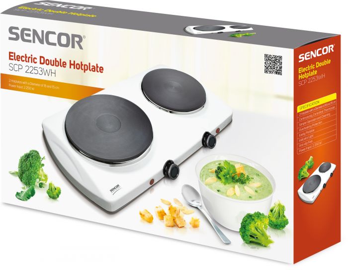 Плитка настільна Sencor електрична, комфорок - 2 на 1.5кВт + 1кВт, 15 і 18 см, керування - мех., білий