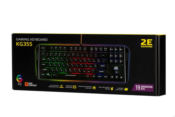 Клавіатура мембранна 2E GAMING KG355 87key, USB-A, EN/UA/RU, LED, чорний