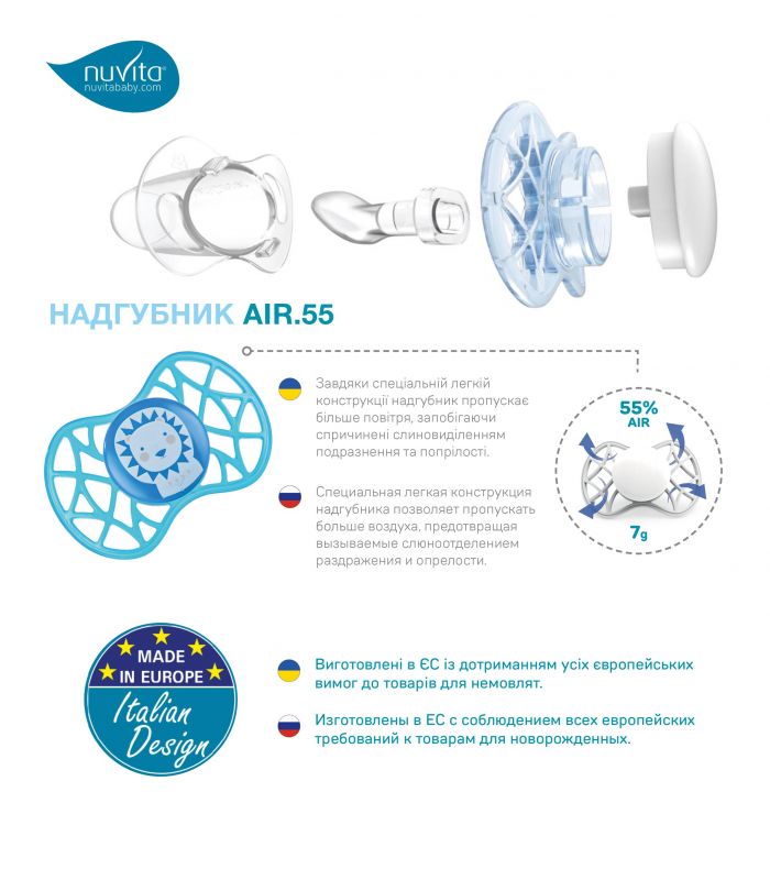 Пустушка Nuvita Air55 Explorer 6міс+, симетрична, 2шт, кіт/панда