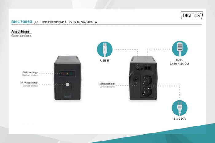 Джерело безперебійного живлення DIGITUS 600VA/360W, LED, RJ11, USB, 2xSchuko