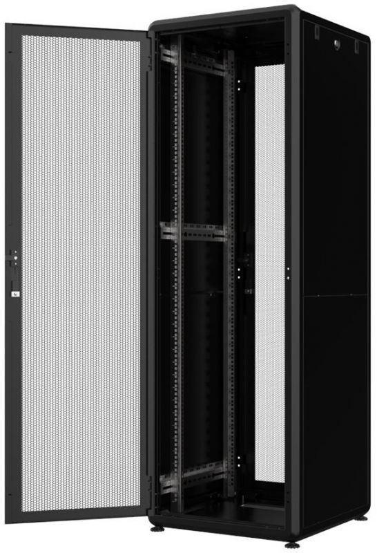 Шафа серверна, металева, розміром 19" 42U (В) 600x800 (ШхГ), RAL 9005 (чорного кольору), перфорофані 63% двері, задні розпашні.