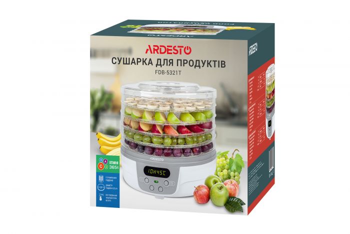 Сушарка для продуктів  Ardesto FDB-5321T, 250Вт, піддонів -5x3см, діаметр-32см, макс-70°С, таймер, електр. управління, пластик , білий