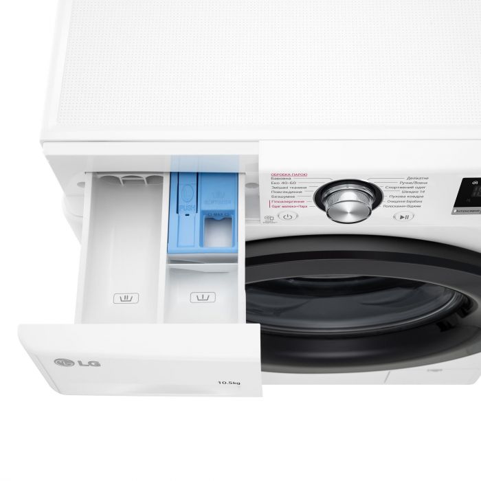 Пральна машина LG фронтальна, 10.5кг, 1400, A+++, 57см, дисплей, пара, інвертор, білий