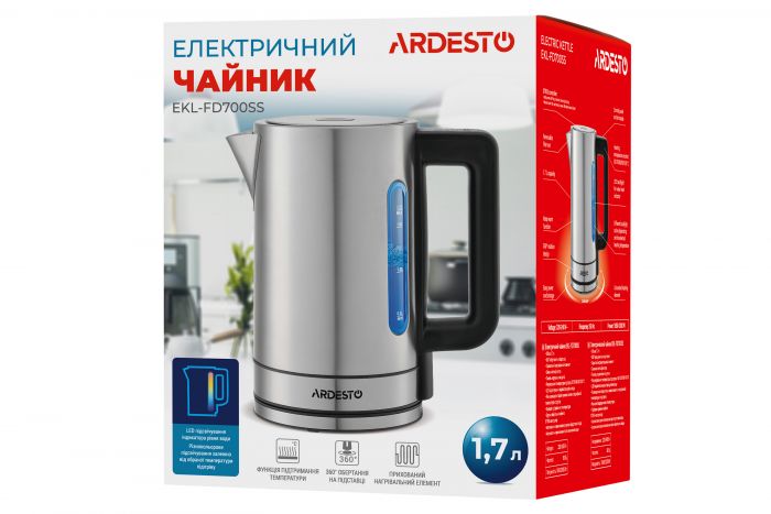 Електрочайник Ardesto Steel Collection 1.7л, Strix, метал, сріблястий